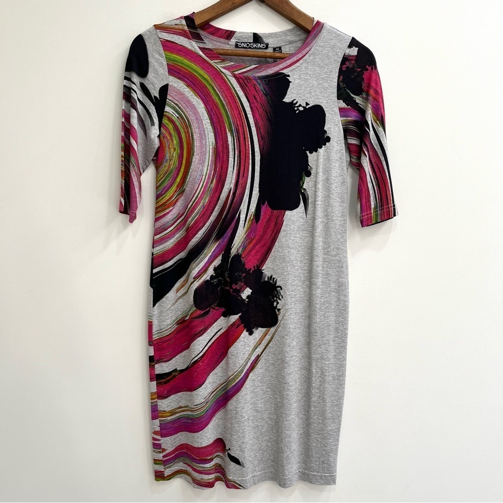 Snoskins Women's Size XS Short Sleeve Abstract Knit Dress Art to Wear Eclectic